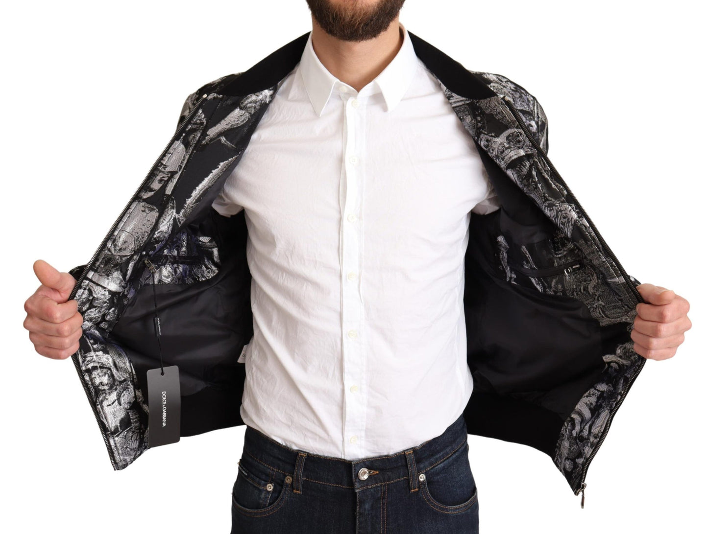 Black Silver Puppi Motive Bomber Jacket-Dolce & Gabbana-LabelTerrace.com