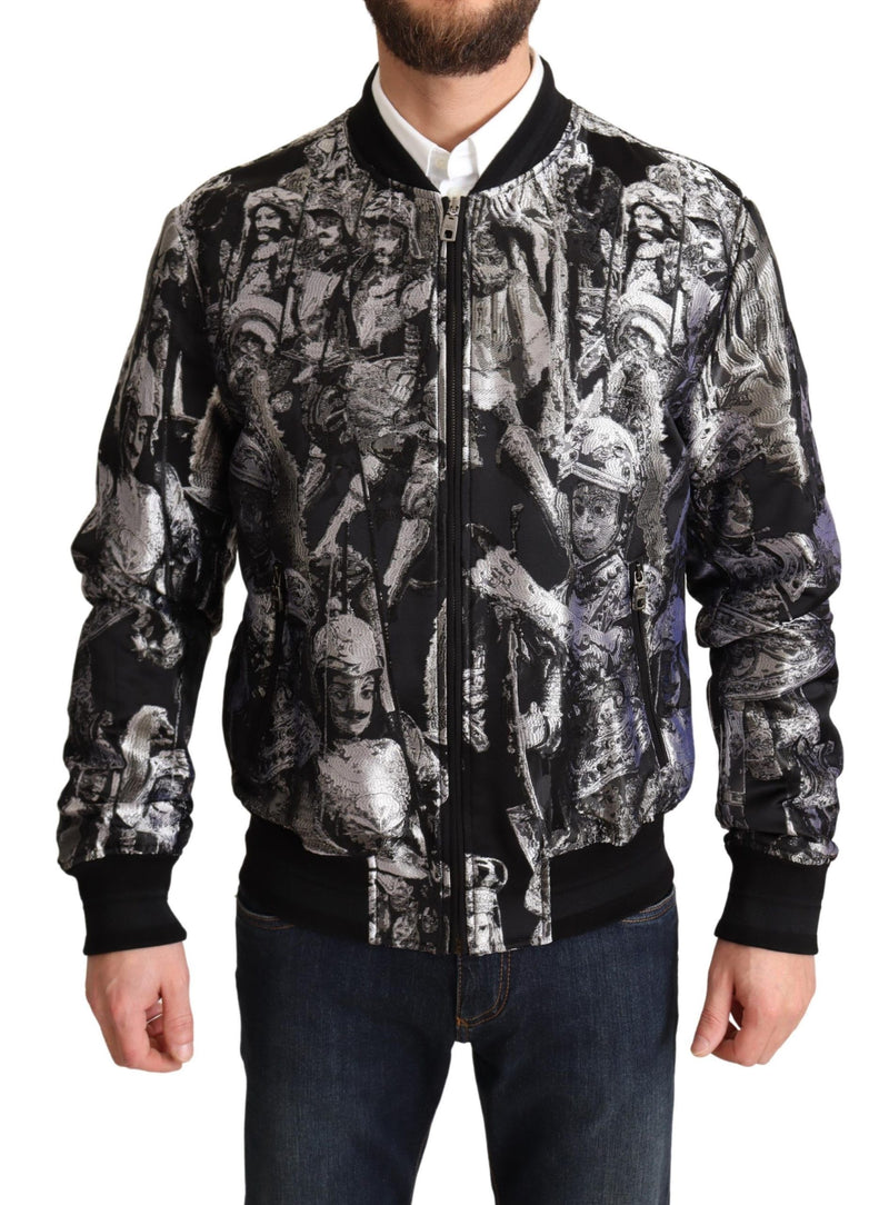 Black Silver Puppi Motive Bomber Jacket-Dolce & Gabbana-LabelTerrace.com