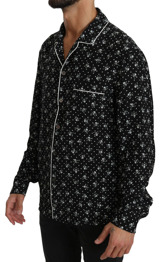 Black Skull Print Silk Sleepwear Shirt-Dolce & Gabbana-LabelTerrace.com