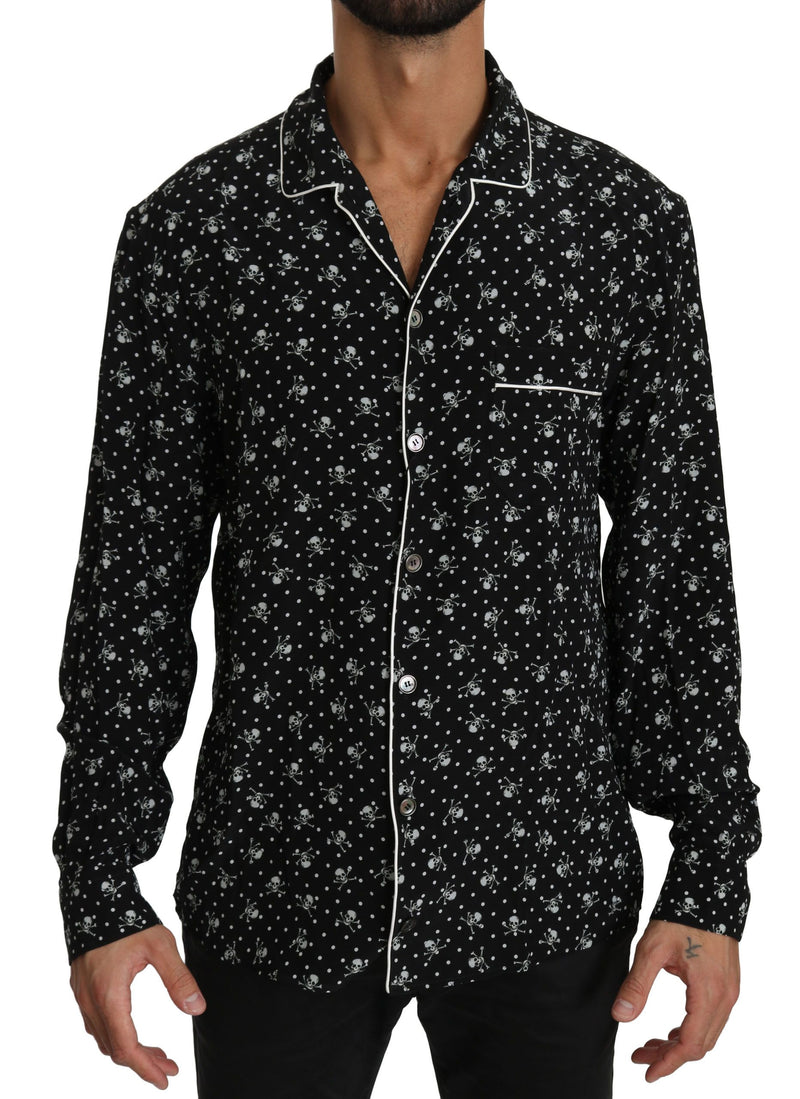 Black Skull Print Silk Sleepwear Shirt-Dolce & Gabbana-LabelTerrace.com