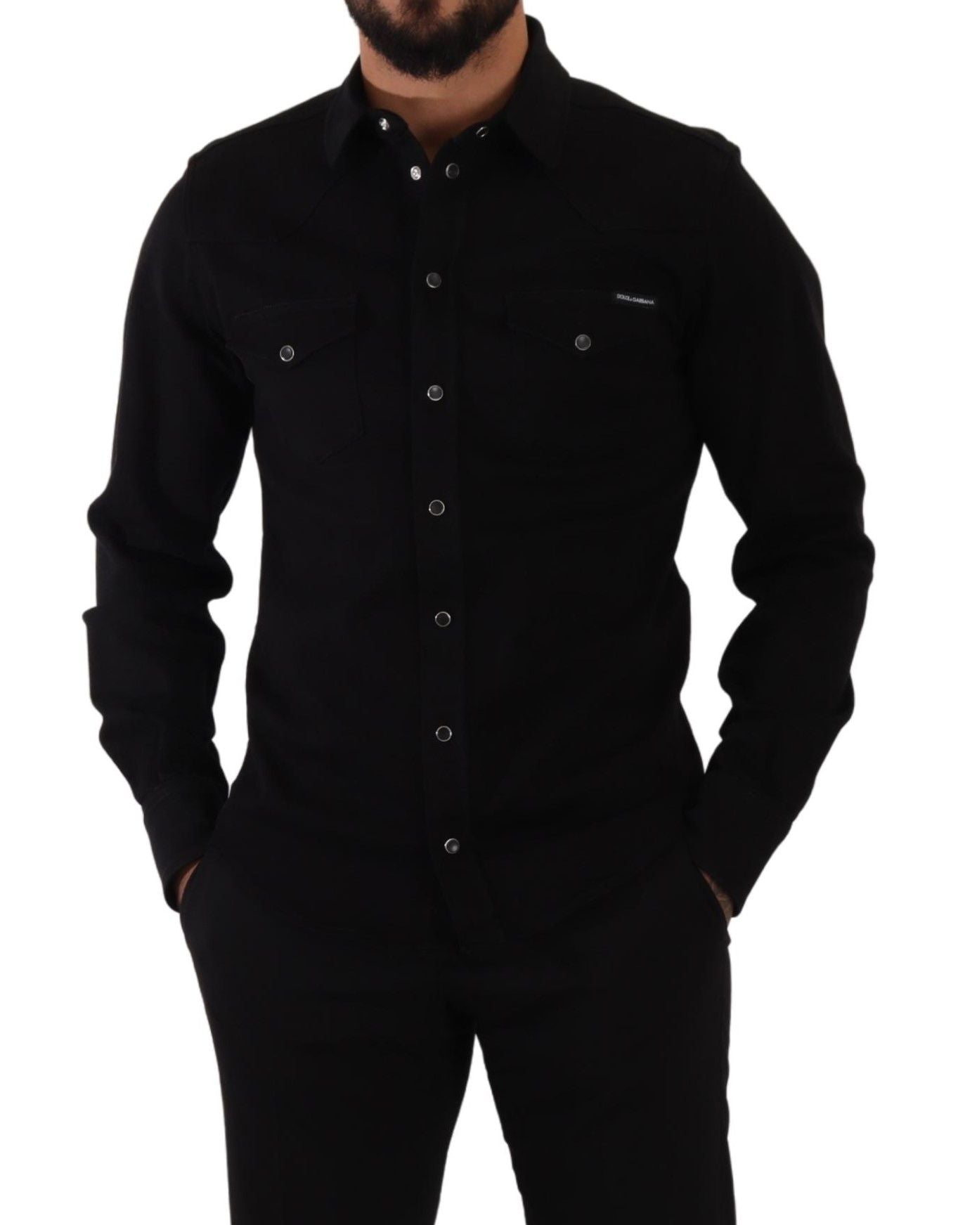 Black Slim Cotton Denim Stretch Shirt-Dolce & Gabbana-LabelTerrace.com
