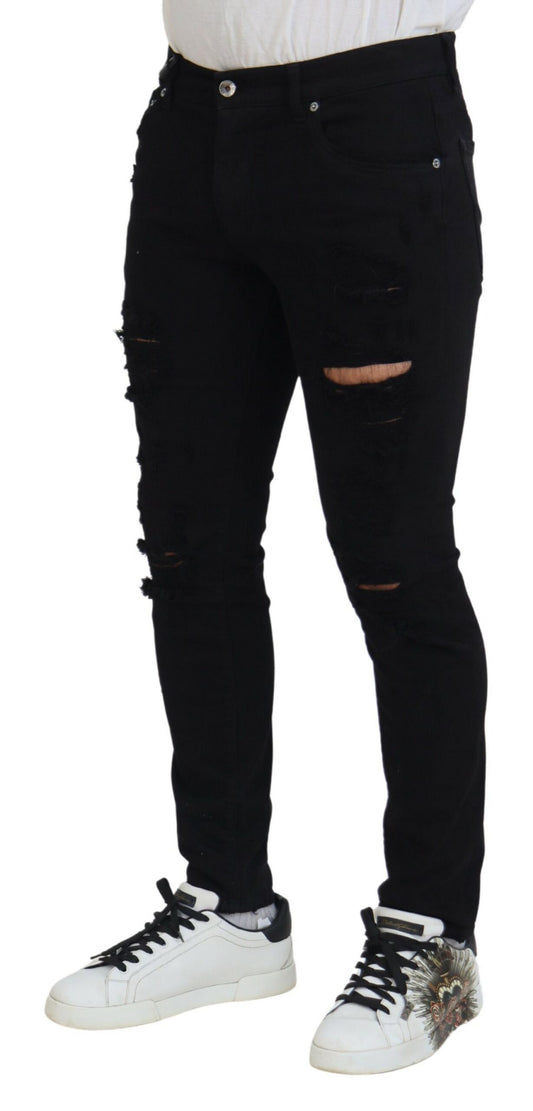Black Slim Fit Tattered Denim Cotton Jeans-Dolce & Gabbana-LabelTerrace.com