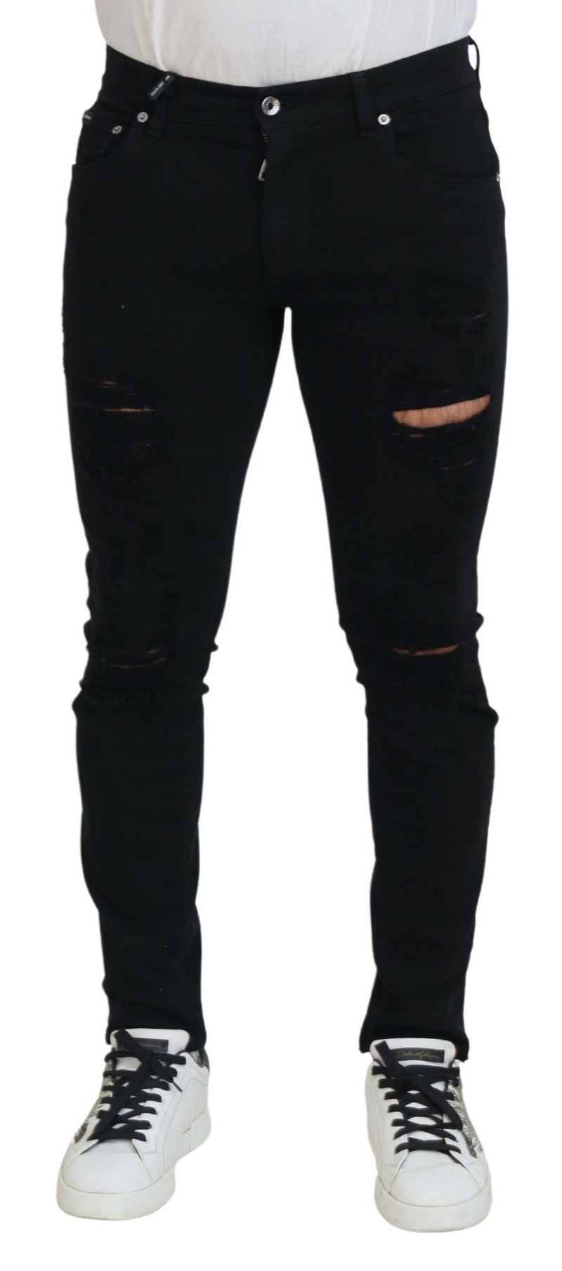 Black Slim Fit Tattered Denim Cotton Jeans-Dolce & Gabbana-LabelTerrace.com