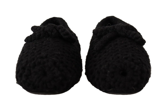 Black Slip On Ballerina Flats Wool Knit Shoes-Dolce & Gabbana-LabelTerrace.com