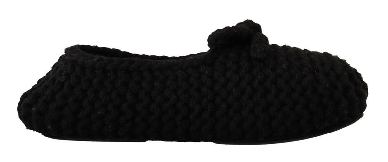Black Slip On Ballerina Flats Wool Knit Shoes-Dolce & Gabbana-LabelTerrace.com