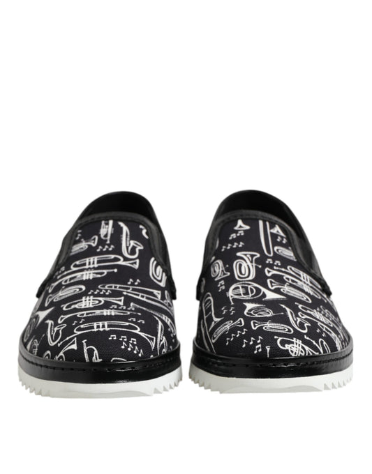 Black Slip On Printed Men Loafers Shoes-Dolce & Gabbana-LabelTerrace.com