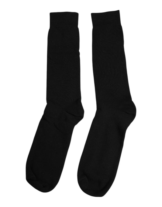 Black Solid Cotton Mid Calf Men Socks-Dolce & Gabbana-LabelTerrace.com