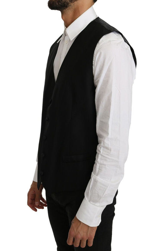 Black Solid Wool Silk Vest-Dolce & Gabbana-LabelTerrace.com