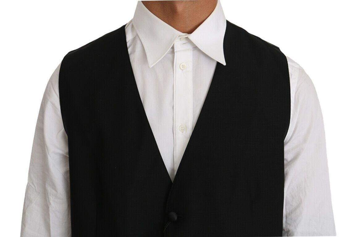 Black Solid Wool Silk Vest-Dolce & Gabbana-LabelTerrace.com