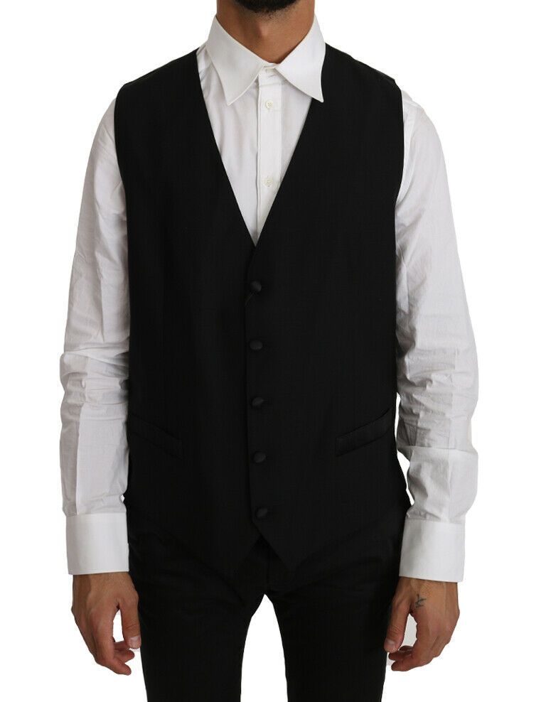 Black Solid Wool Silk Vest-Dolce & Gabbana-LabelTerrace.com