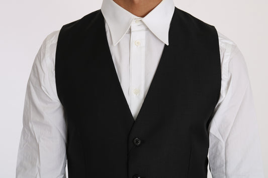 Black Solid Wool Silk Waistcoat Vest-Dolce & Gabbana-LabelTerrace.com