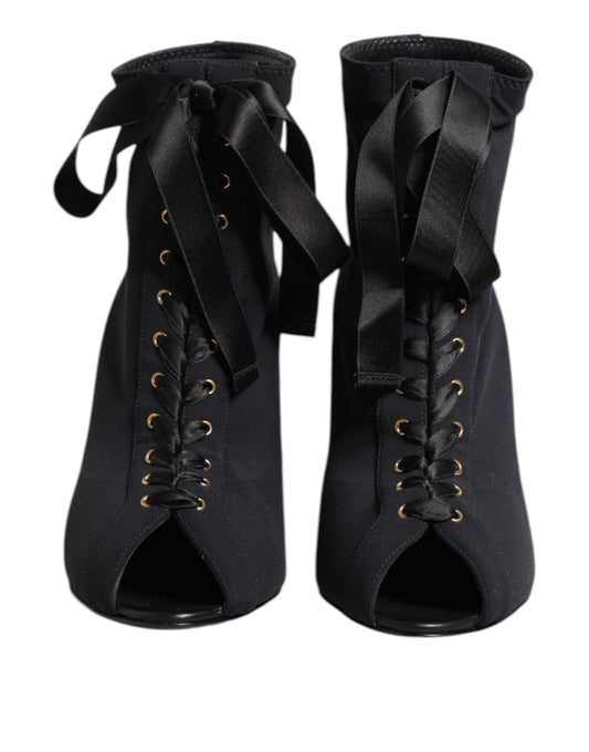 Black Stiletto Heels Lace Up Boots Shoes-Dolce & Gabbana-LabelTerrace.com