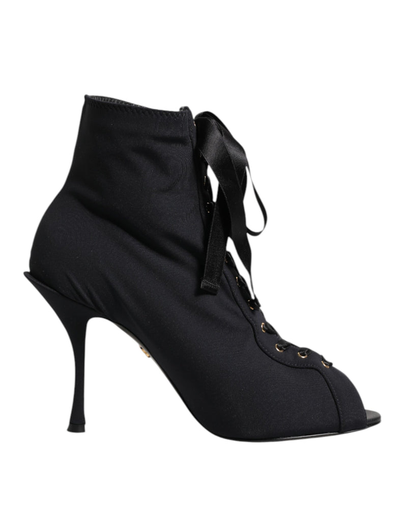 Black Stiletto Heels Lace Up Boots Shoes-Dolce & Gabbana-LabelTerrace.com
