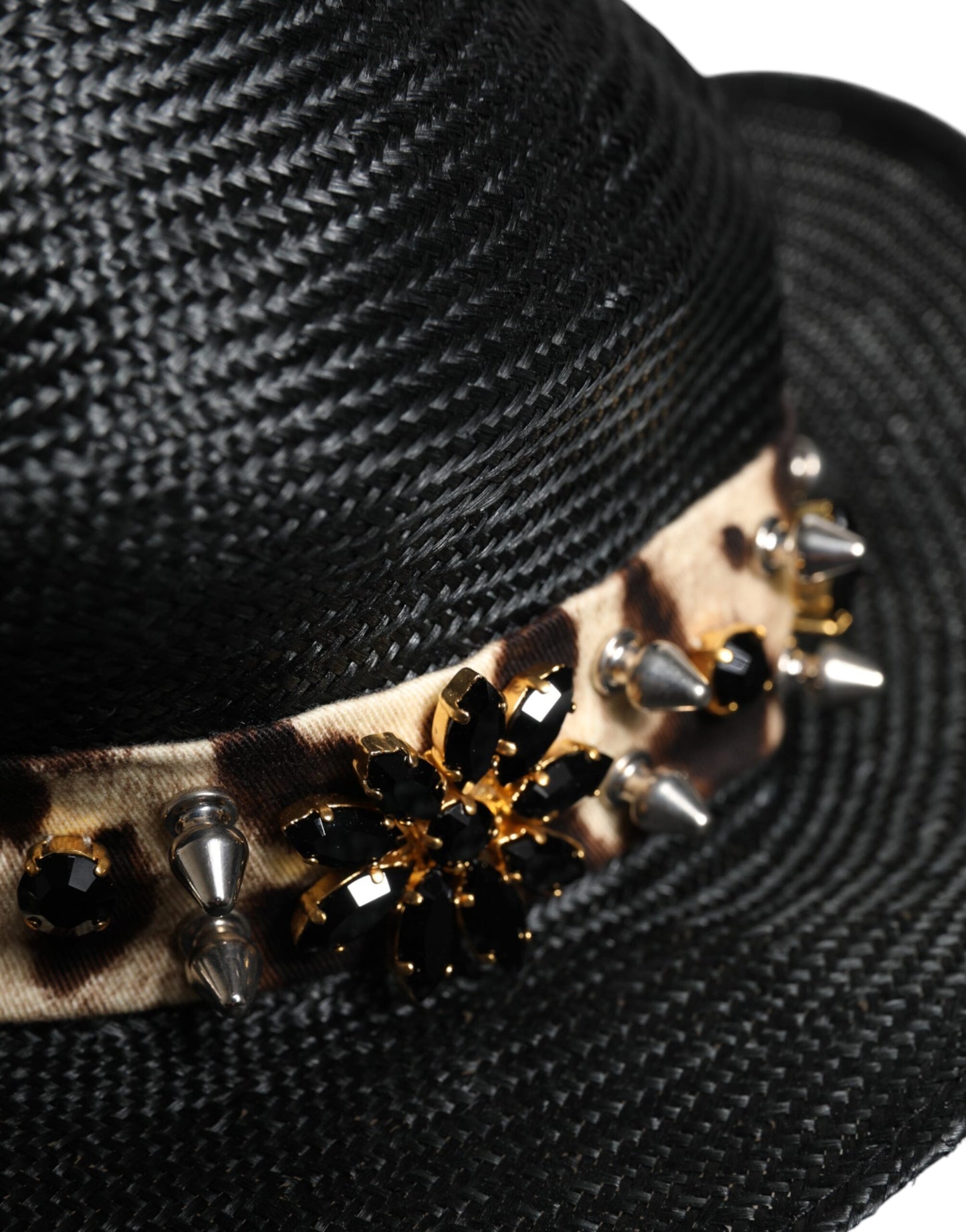 Black Straw Crystal Embellished Wide Brim Hat-Dolce & Gabbana-LabelTerrace.com