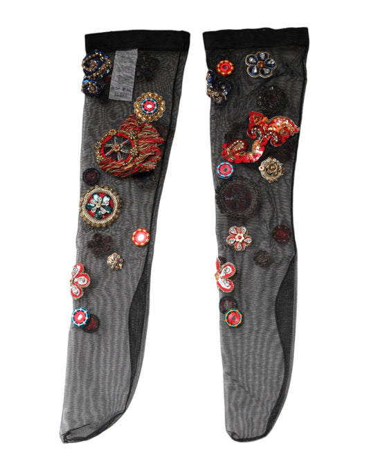 Black Stretch Carretto Crystal Stockings Socks-Dolce & Gabbana-LabelTerrace.com