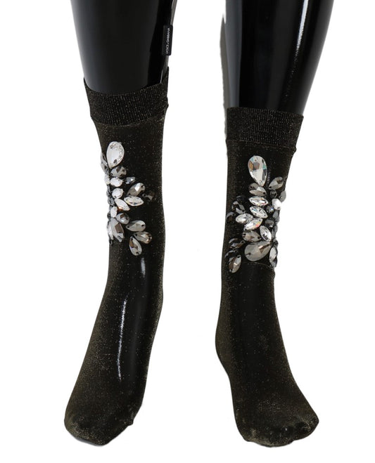 Black Stretch Floral Clear Crystal Socks-Dolce & Gabbana-LabelTerrace.com