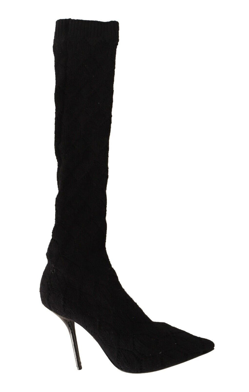 Black Stretch Socks Knee High Booties Shoes-Dolce & Gabbana-LabelTerrace.com