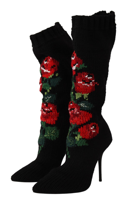 Black Stretch Socks Red Roses Booties Shoes-Dolce & Gabbana-LabelTerrace.com