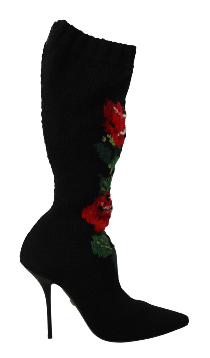 Black Stretch Socks Red Roses Booties Shoes-Dolce & Gabbana-LabelTerrace.com