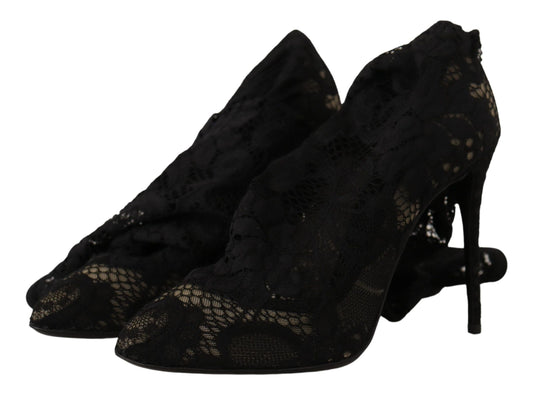 Black Stretch Socks Taormina Lace Boots Shoes-Dolce & Gabbana-LabelTerrace.com