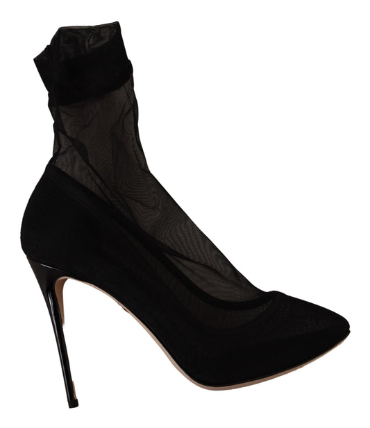 Black Stretch Tulle Stretch Boots Shoes-Dolce & Gabbana-LabelTerrace.com