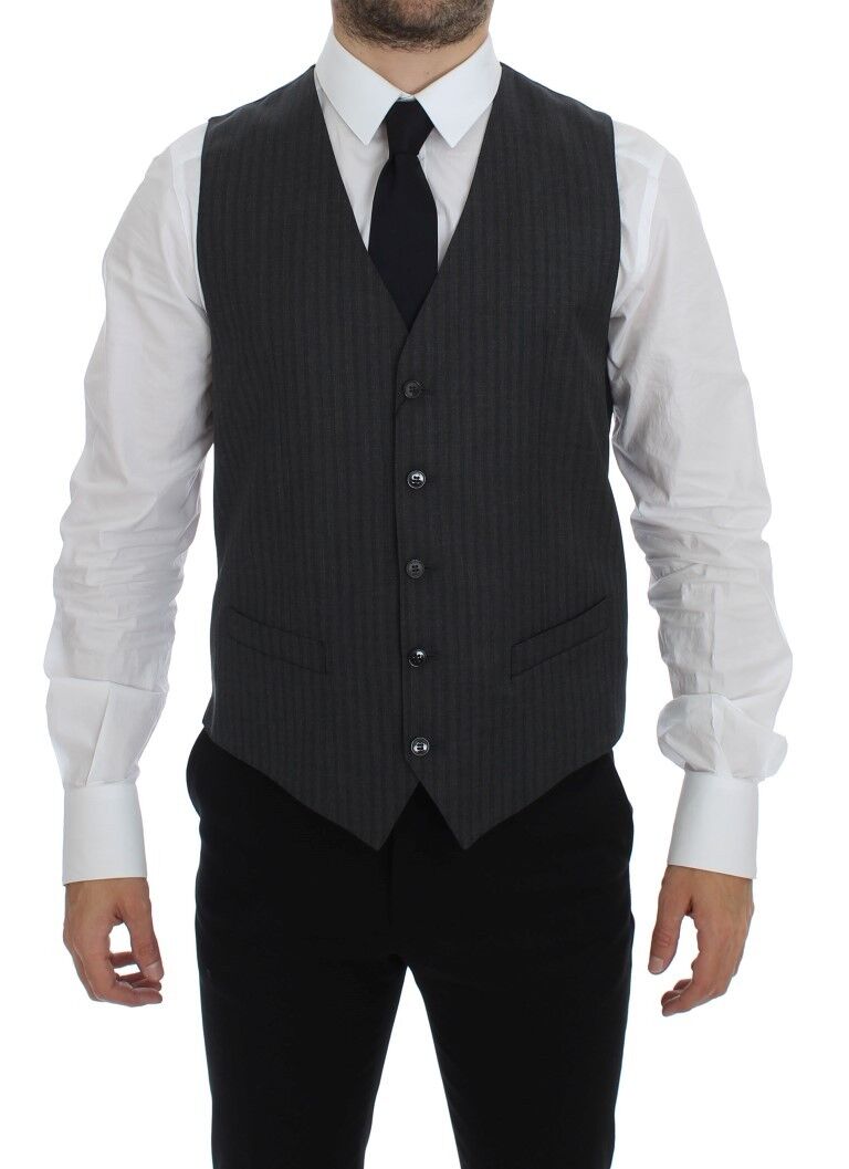 Black Striped Wool Single Breasted Vest-Dolce & Gabbana-LabelTerrace.com
