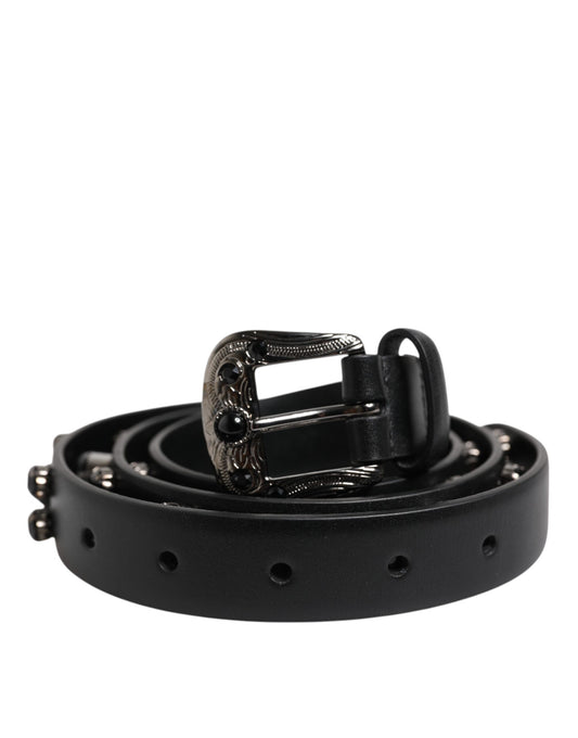 Black Studded Leather Metal Logo Buckle Belt-Dolce & Gabbana-LabelTerrace.com