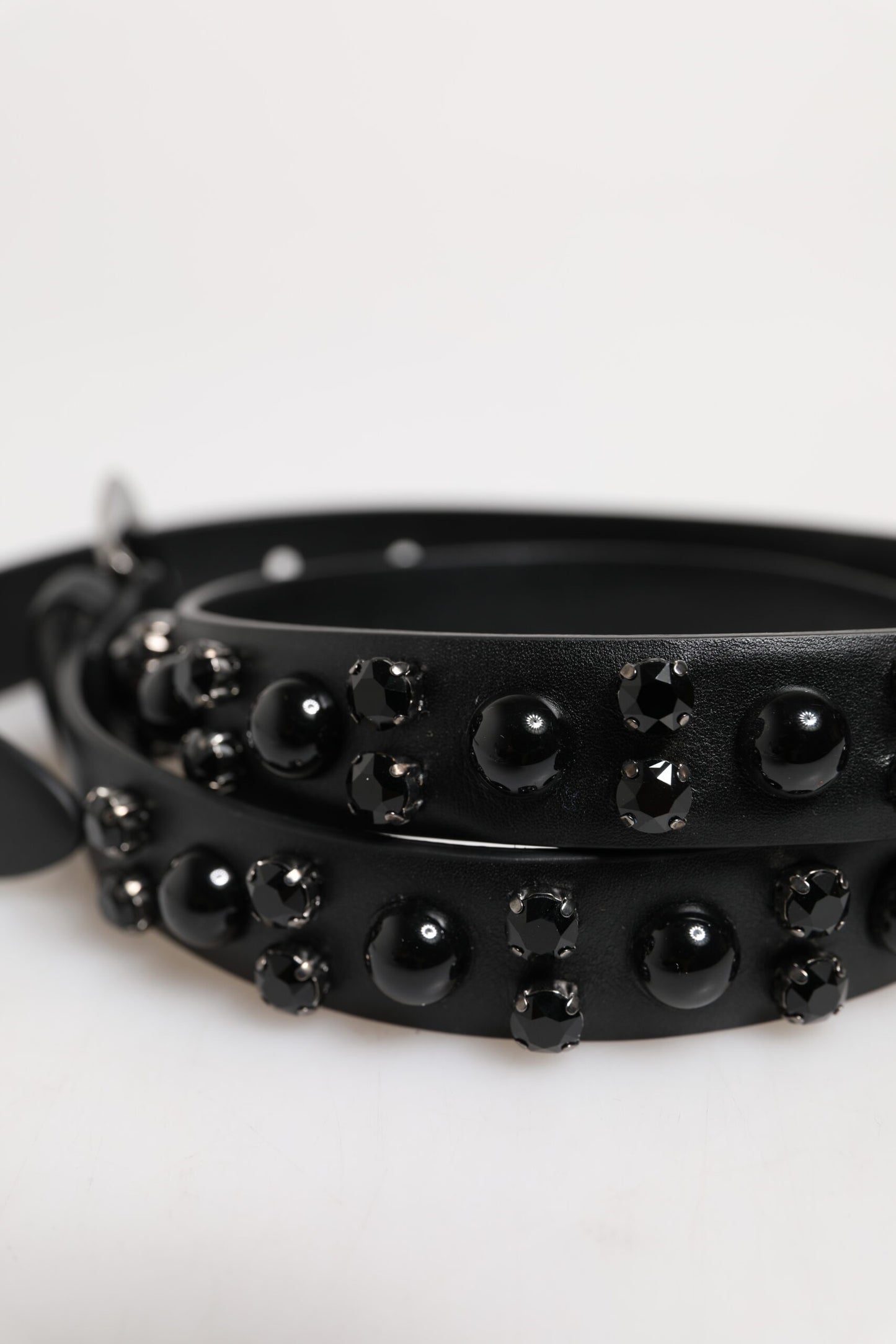 Black Studded Leather Metal Logo Buckle Belt-Dolce & Gabbana-LabelTerrace.com