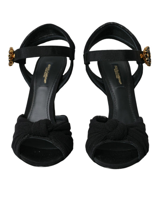Black Suede Embellished Heels Sandals Shoes-Dolce & Gabbana-LabelTerrace.com