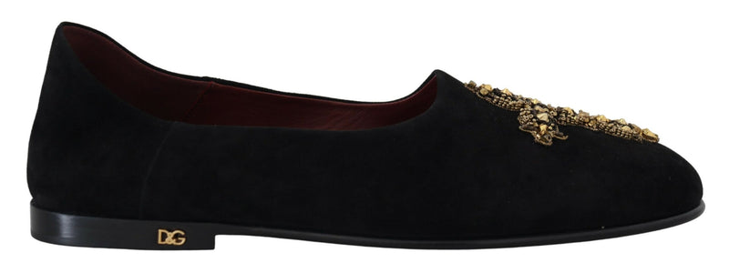 Black Suede Gold Cross Slip On Loafers Shoes-Dolce & Gabbana-LabelTerrace.com
