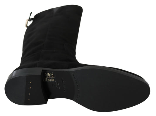 Black Suede Knee High Flat Boots Shoes-Dolce & Gabbana-LabelTerrace.com