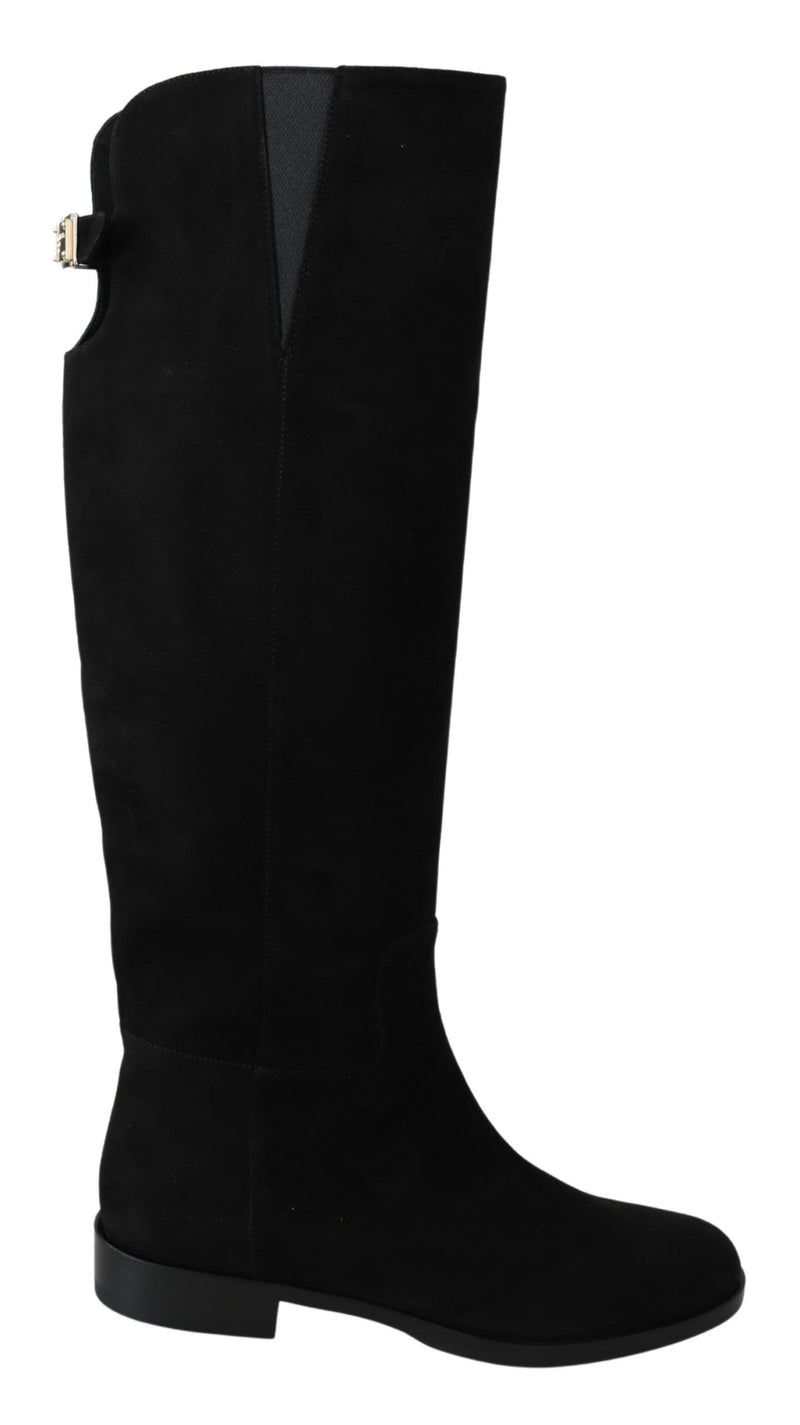 Black Suede Knee High Flat Boots Shoes-Dolce & Gabbana-LabelTerrace.com