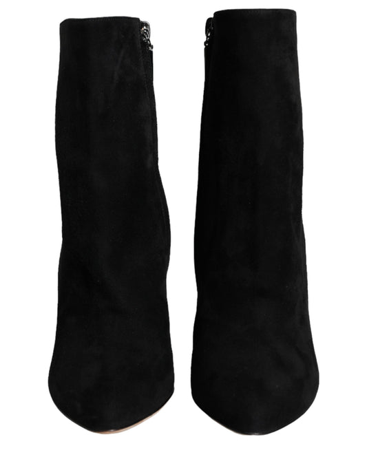Black Suede Leather Mid Calf Boots Shoes-Dolce & Gabbana-LabelTerrace.com