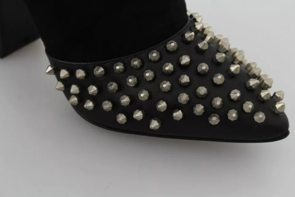 Black Suede Studded Heels Ankle Boots Shoes-Philipp Plein-LabelTerrace.com