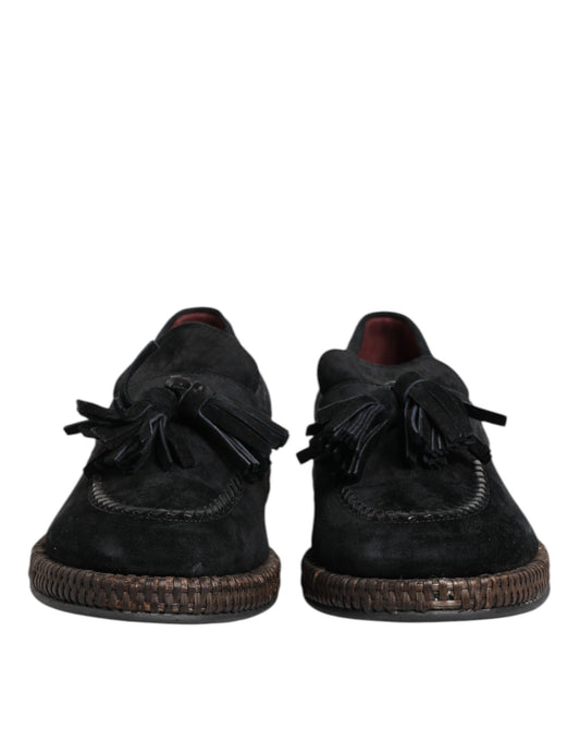 Black Suede Tassel Embellished Loafers Shoes-Dolce & Gabbana-LabelTerrace.com