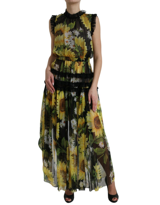 Black Sunflower A-line Pleated Maxi Dress-Dolce & Gabbana-LabelTerrace.com
