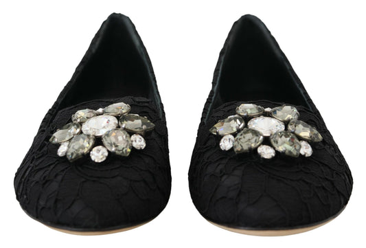 Black Taormina Lace Crystals Flats Shoes-Dolce & Gabbana-LabelTerrace.com