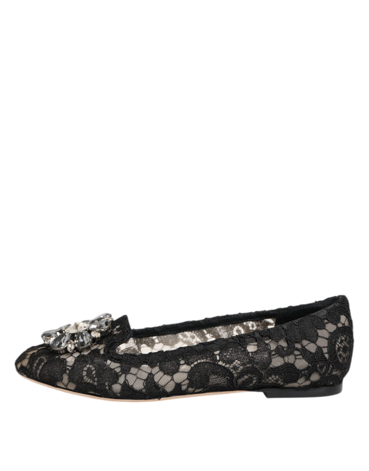 Black Taormina Lace Crystals Flats Shoes-Dolce & Gabbana-LabelTerrace.com