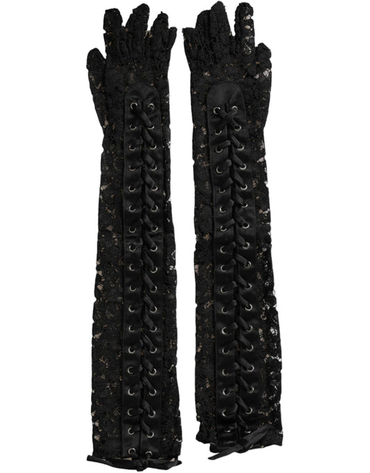 Black Taormina Lace Elbow Length Gloves-Dolce & Gabbana-LabelTerrace.com