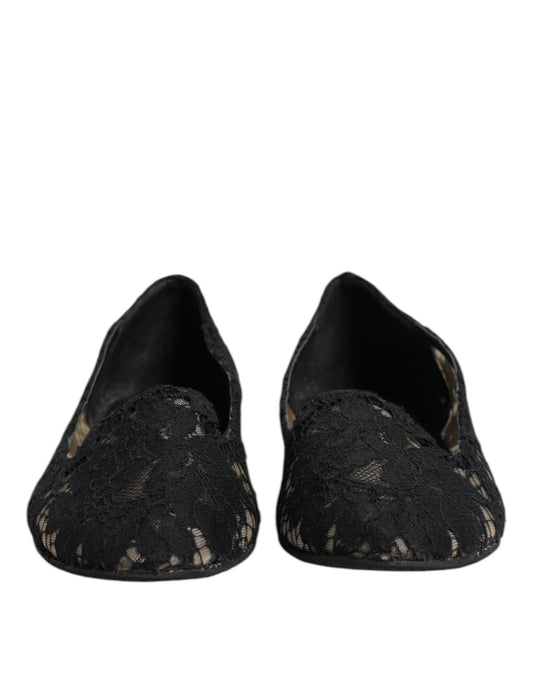 Black Taormina Lace Slip On Flats Shoes-Dolce & Gabbana-LabelTerrace.com