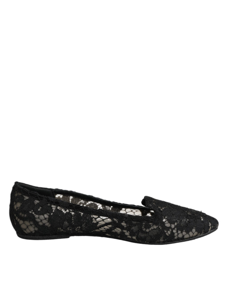 Black Taormina Lace Slip On Flats Shoes-Dolce & Gabbana-LabelTerrace.com
