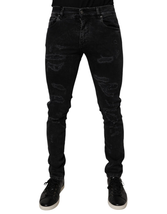 Black Tattered Cotton Skinny Men Denim Jeans-Dolce & Gabbana-LabelTerrace.com