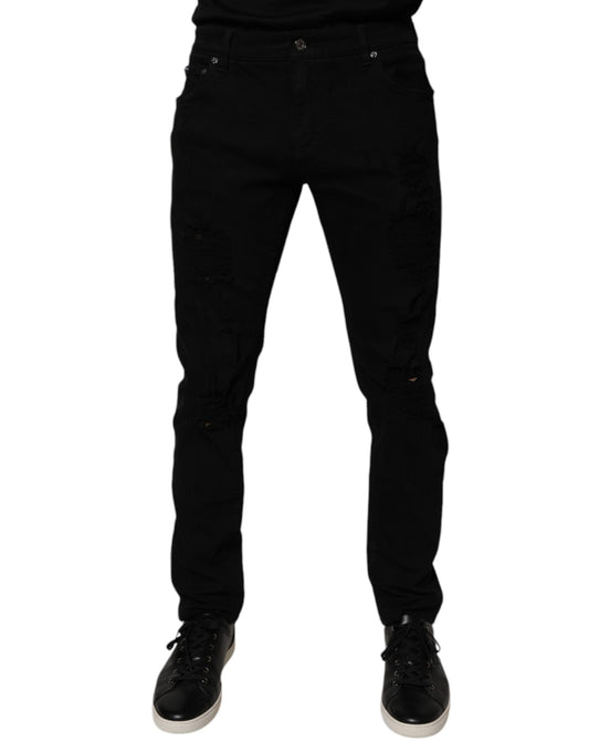 Black Tattered Cotton Skinny Men Denim Jeans-Dolce & Gabbana-LabelTerrace.com