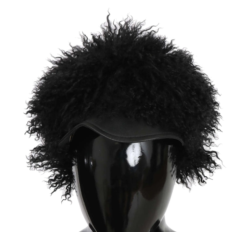 Black Tibet Lamb Fur Leather Gatsby Hat-Dolce & Gabbana-LabelTerrace.com