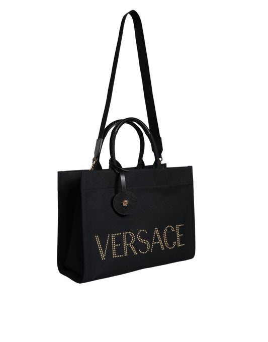 Black Top Handle Canvas Leather Logo Crossbody Tote Bag-Versace-LabelTerrace.com