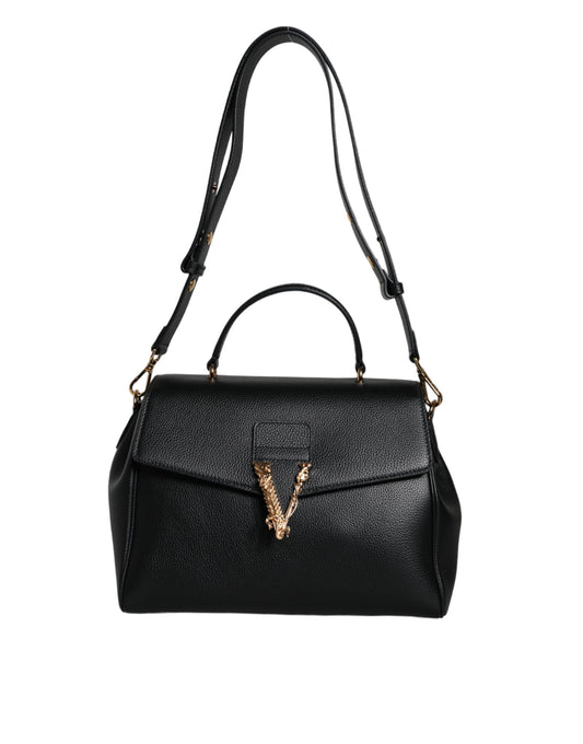 Black Top Handle Grainy Calfskin Leather Crossbody Bag-Versace-LabelTerrace.com