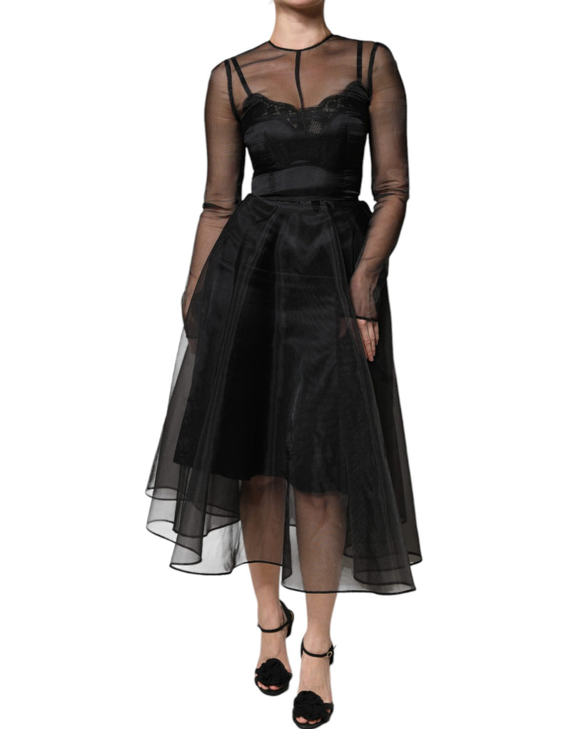 Black Tulle A-line Midi Cocktail Gown Dress-Dolce & Gabbana-LabelTerrace.com