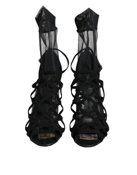 Black Tulle Stretch Heels Sandals Shoes-Dolce & Gabbana-LabelTerrace.com