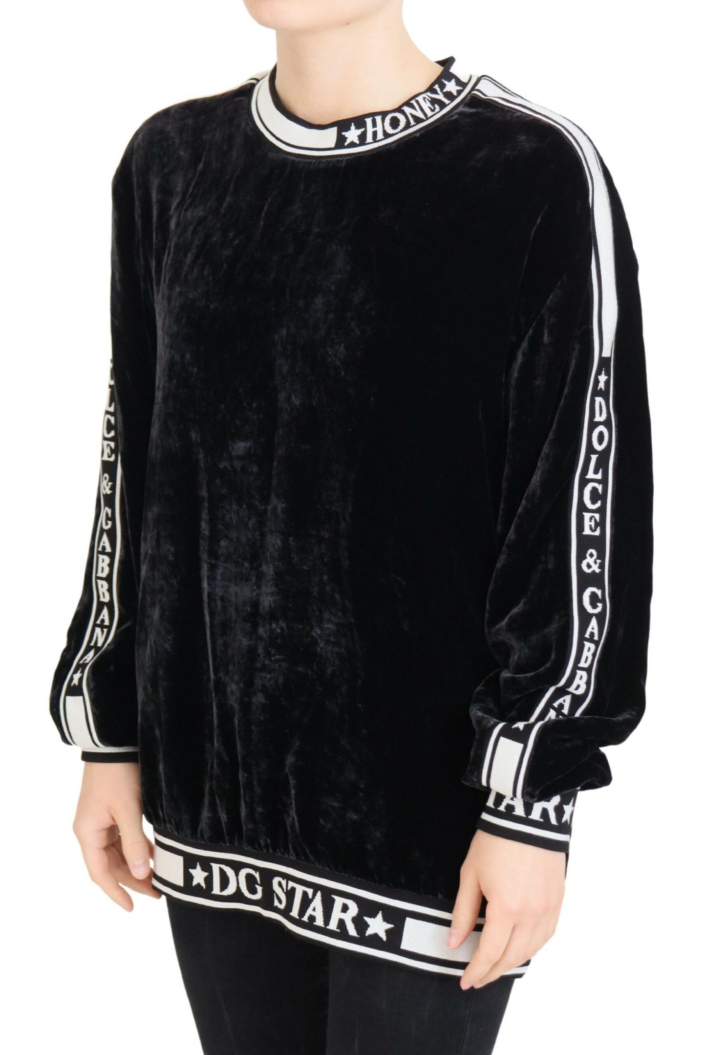 Black Velvet Crewneck Pullover Sweater-Dolce & Gabbana-LabelTerrace.com