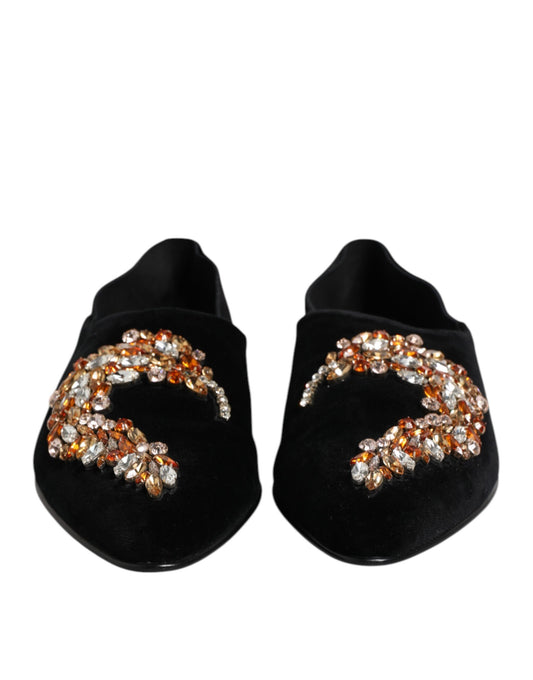 Black Velvet Embellished Loafer Slip On Shoes-Dolce & Gabbana-LabelTerrace.com
